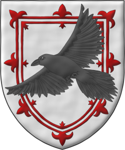Escudo de plata, un trechor doble flordelisado de sanguneo; sobre el todo, un cuervo (Corvus corax) volando puesto en sotuer al natural.