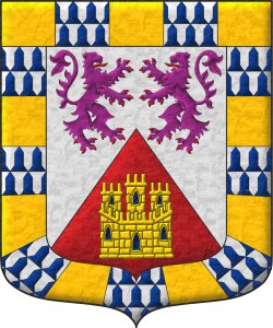 Escudo de plata, mantelado en punta de gules, en jefe, dos leones afrontados de p�rpura, armados y lampasados de gules [de Le�n], en punta un castillo de oro, aclarado de azur, mazonado de sable [de Castilla]; una bordura componada de dieciocho compones de oro y veros [de �lvarez de las Asturias].