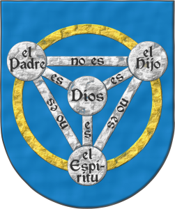 Escudo de azur, un anillo de oro cargado de una perla cerrada de plata, cargada de cuatro bezantes de oro, el bezante 1o, en la diestra del jefe, cargado con el Padre de sable, el bezante 2o, en la siniestra del jefe, cargado con el Hijo de sable, el bezante 3o, en la punta, cargado con el Esptiru de sable y el bezante 4o, en el corazn, cargado con Dios de sable; las tres cotizas de la perla cargadas con es de sable y las tres cotizas de su cierre cargadas con no es de sable.