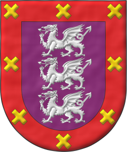 Escudo de púrpura, tres dragones pasantes, en palo de plata; una bordura de gules, ocho sotueres de oro.