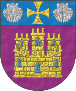 Escudo de púrpura, un castillo de oro, aclarado de azur, mazonado de sable; el jefe de azur, una cruz patada de oro, acompañada de dos veneras de plata.