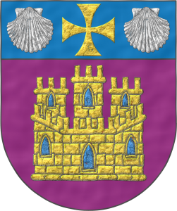 Escudo de prpura, un castillo de oro, aclarado de azur, mazonado de sable; un jefe de azur, cargado de una cruz patada de oro acompaada de dos veneras de plata.