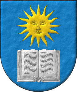 Escudo de azur, un libro abierto de plata surmontado de un sol de oro.