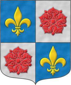 Escudo cuartelado: 1o y 4o de azur, una flor de lis de oro; 2o y 3o de plata, una rosa de gules.