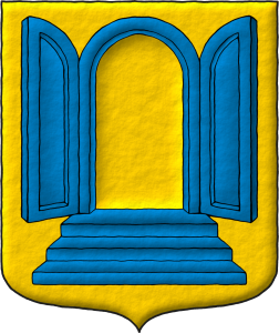 Escudo de oro, una puerta con jambas, dintel arqueado, dos hojas abiertas sostenida de una escalinata de tres peldaos todo de azur, aclarada de oro.