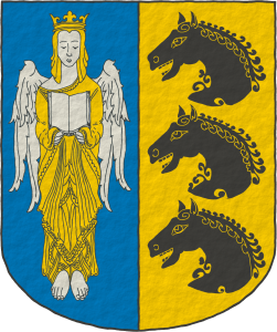 Escudo partido: 1o de azur, un ngel de plata, coronado, cabellado y vestido de oro cargado con un libro de plata abierto; 2o de oro, tres cabezas de caballo cortadas, en palo de sable.