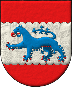 Escudo de gules, una faja acanalada de plata, cargada de una leona de azur, armada, lampasada y ubres de gules.