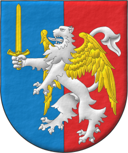 Escudo partido de azur y gules, brochante sobre el todo un len rampante de plata, alado de oro, teniendo en su garra diestra una espada alzada de oro.