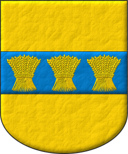 Escudo de oro, una faja de azur, cargada de tres gavillas de trigo de oro.