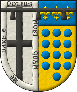 Escudo partido: 1o de plata, una cruz de sable, y una bordura de plata con el lema Potius mori quam me dare; 2o de oro, trece roeles de azur, en tres palos de 4, 5 y 4, y el jefe de azur con tres flores de lis de oro. Brochante sobre el todo, un lambel de azur con tres pendientes, por brisura.