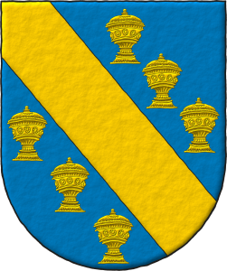 Escudo de azur, una banda acompaada de seis copas todo de oro.