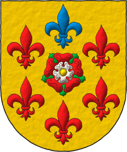 Escudo de oro, una rosa doble de gules y plata, barbada de sinople y botonada de oro, rodeada de seis flores de lis en orla, cinco de gules y una de azur en jefe.