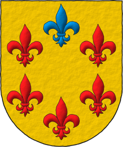 Escudo de oro, seis flores de lis en orla, cinco de gules y una de azur en jefe.